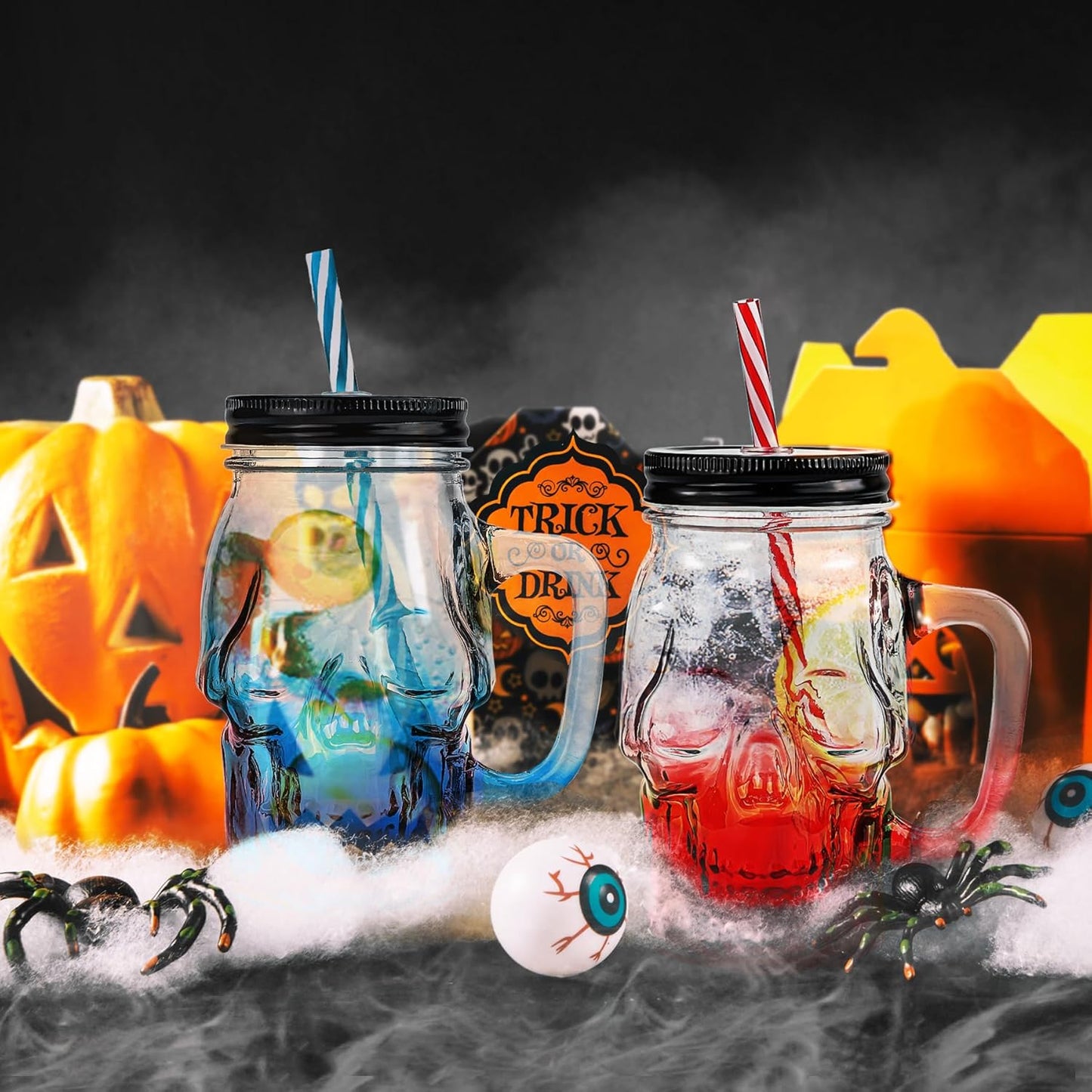 Halloween Cups Set of 4 - Skull Mason Jar with Lids Straws and Handle - Colorful Drinking Glasses for Halloween Party Bar Decor, 16 oz