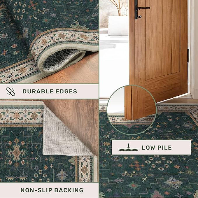 Hazo Haus Dark Green Hallway Runner Rug 12 ft Long - Modern Vintage Boho Eclectic Floral with Brown Accent, Washable Low Pile Non-Slip Extra Long Wide Runner Rugs for Kitchen, 3x12