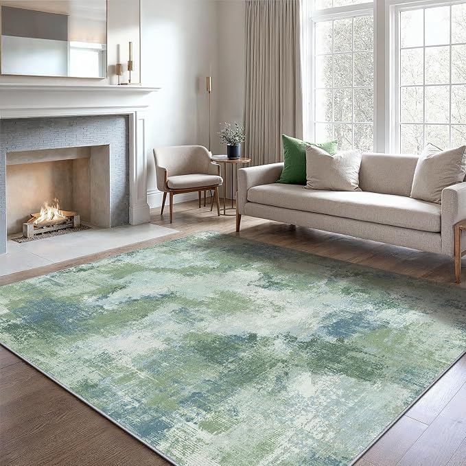 AMADA HOMEFURNISHING 5x7 Area Rugs for Living Room, Modern Abstract Washable Rug Neutral Soft with Non-Slip Backing & Low Pile Kids Rug for Resistant, Bedroom, Nursery Home Office, Green