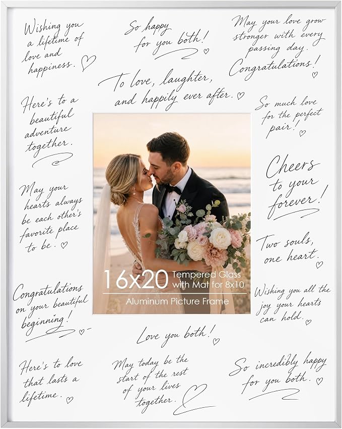 Signature Picture Frame 16x20, Aluminum Signable Frame with Glass, Silver | Sleek Silver Signable Frame with 8x10 for Wedding, Graduation, Birthday & Baby Shower Guest Book| Real Glass & Wall Kit
