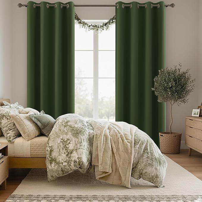 KOUFALL Forest Green Blackout Curtains, 52 x 90 Inches Long, Grommet Thermal Insulated Room Darkening Window Drapes, Olive Green Window Treatments for Living Room, Bedroom