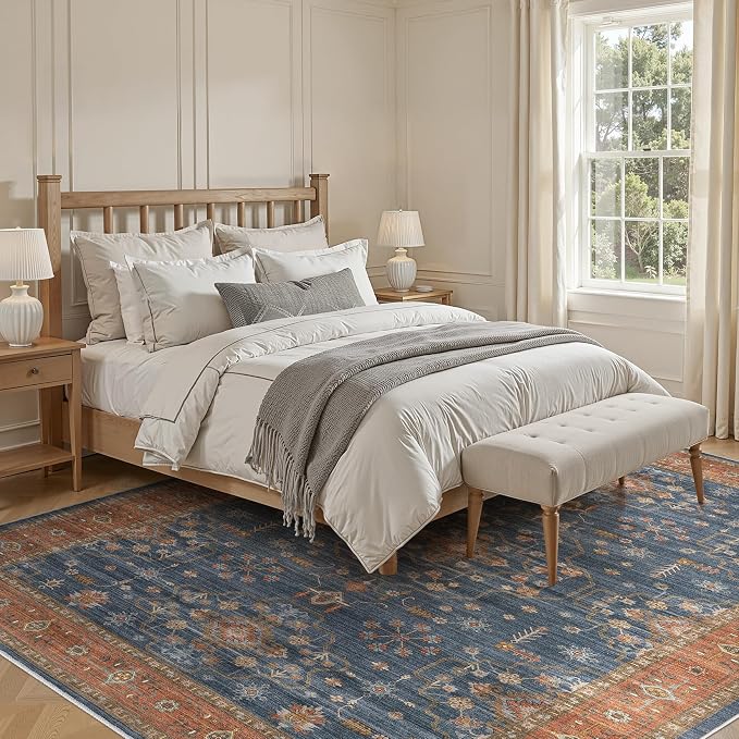 5x7 Area Rug for Living Room- Machine Washable Soft Oriental Vintage Large Indoor Floor Carpet for Bedroom Under Dining Table Home Office Decor - Blue Terracotta