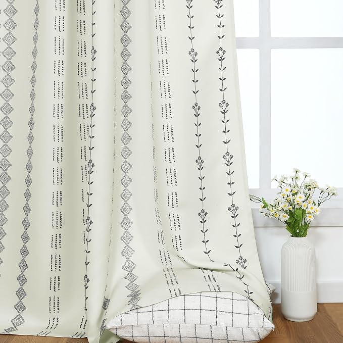 Cream Boho Curtains 63 Inch Length 2 Panels Set, Geometric Pattern Curtains for Bedroom Living Room