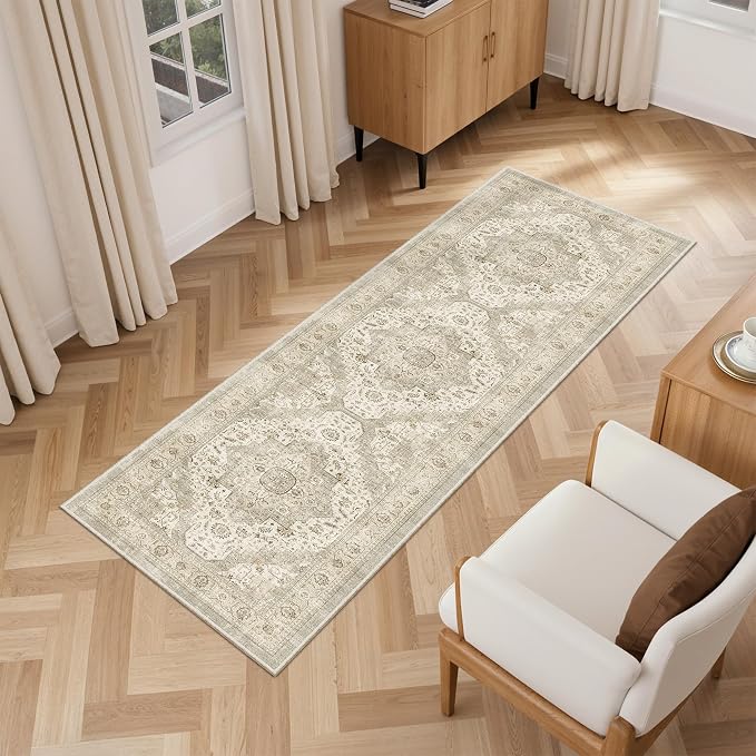 Roxstand Washable 2x6 Hallway Runner Rug, Ivory/Beige | Low-Pile Carpet, Non-slip Backing,6ft Runner, Stain Resistant, Runner for Kitchen, Laundry Room, Entryway, Vintage Design