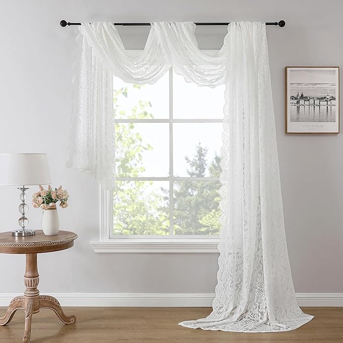 Bujasso White Lace Curtain 216 inches Long for Living Room Bedroom Vintage Floral Extra Long Window Scarf Valance 1 Panel 52" Wx216 L