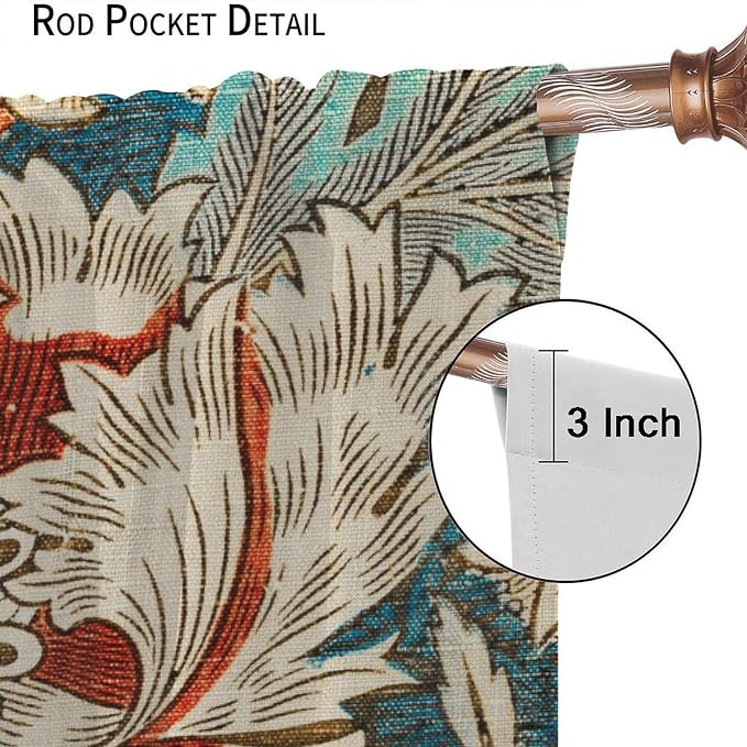 William Morris Plant Floral Blackout Window Curtains, Bohemian Vintage Rustic Flowers William Morris Art Style Window Drapes, for Bedroom Living Room 72x63in