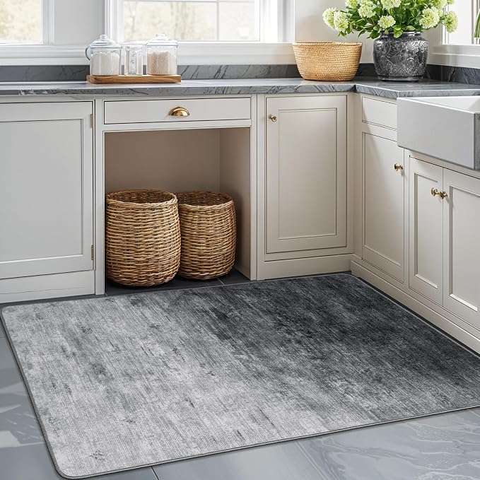 4x6 Washable Area Rug, Gray Solid Area Rugs for Living Room & Bedroom | Stain-resistant & Non-slip backing,Low Pile Washable Large Carpet, Solid Vintage Style For High Traffic Areas(4x6,Gray)
