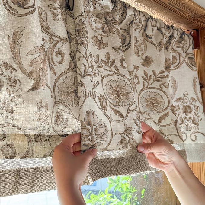 jinchan Linen Valance Kitchen Curtain for Windows Double Layer 18 Inch for Living Room Bedroom Window Treatment Light Filtering Vintage Rustic Farmhouse Cottagecore Rod Pocket 1 Panel Taupe on Beige