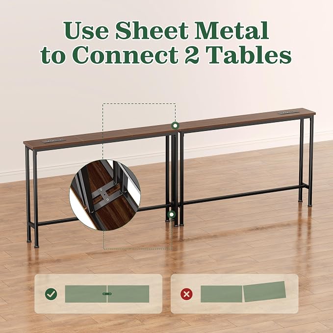 SUPERJARE 5.7 Inch Console Table with Outlet, Sofa Table, Behind Couch Table, 5.7 x 39.4 x 29.7 Inches, Metal Frame, for Living Room, Hallway, Walnut
