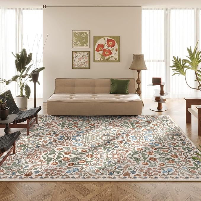 8x10 Washable Area Rug for Living Room, Floral Non-Slip Non-Shedding & Easy Care, Large Soft Low Pile Botanical Indoor Floor Carpet for Living Room, Bedroom, Dining Room, Kids Playroom, Nursery, Beige