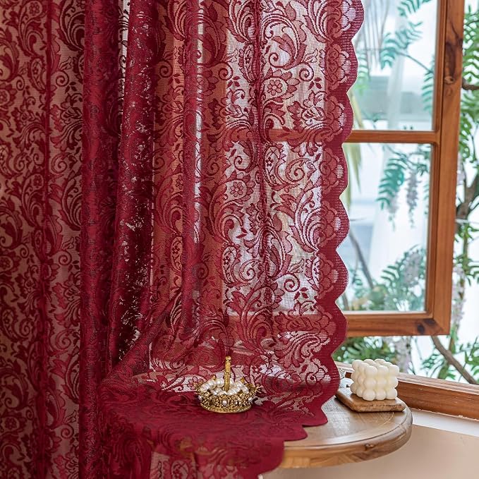 ALIGOGO Burgundy Sheer Curtains 54 Inch Length, 2 Panels, Vintage Floral Short Red Lace Cafe Curtains for Kitchen Bathroom Laundry Room, Light Flitering Farmhouse Decor, 52W x 54L Inch, Maroon