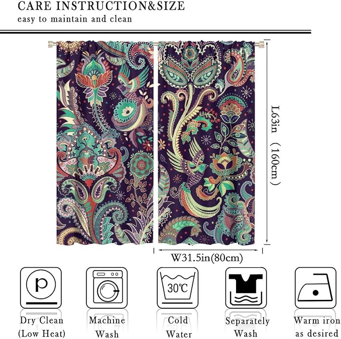 Boho Curtains, Traditional Geometric Ethnic Style Beautiful Floral Pattern, Blackout Curtains Living Room Bedroom Dim Room, 2 Panel Set, 63x63 in.