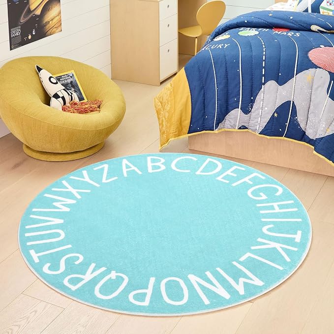 Topotdor Round Kids Play Rug Alphabet Nursery Area Rug Extra Large Soft Crawling Play Mat for Children Toddlers Bedroom (47 inch, Teal)