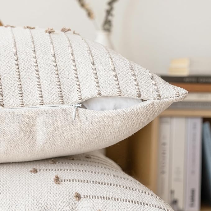 LILEPOY Boho Throw Pillow Covers 18x18 Set of 2 Neutral Decorative Textured Cushion Case Farmhouse Pillowcase Modern Square Pillow Covers for Sofa,Couch, Living Room,Beige and Khaki