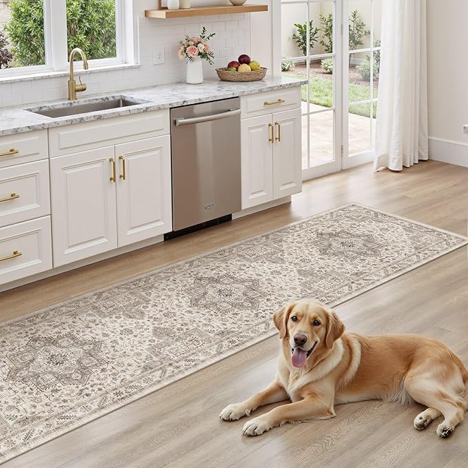 Vintage Hallway Runner Rug 2x8: Large Soft Washable Entryway for Kitchen Laundry Room Non-Slip Backing Runner for Entrance Living Room Bedroom Bathroom - Light Brown