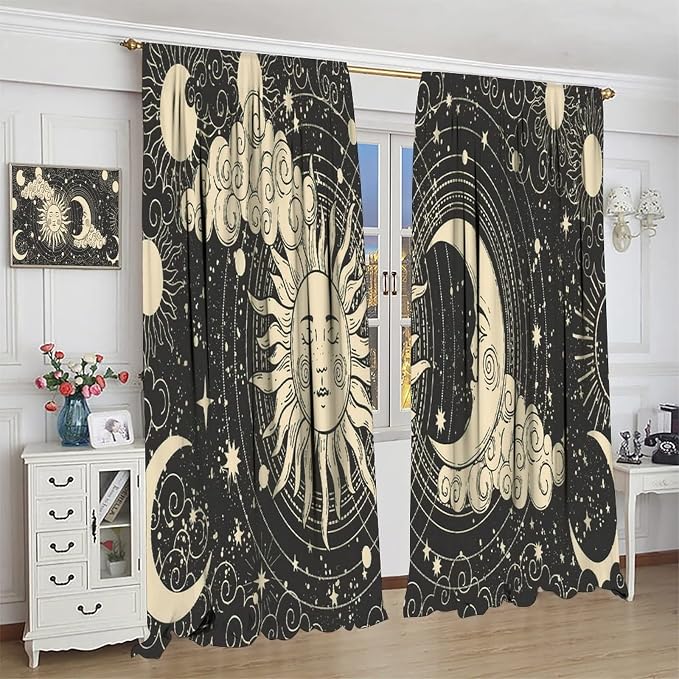 Bohemian Sun Moon Blackout Windows Curtains, Golden Sun Crescent Moon and Stars Vintage Cosmic Galaxy Printed Curtains, for Living Room Bedroom 55x63in 2 Panels