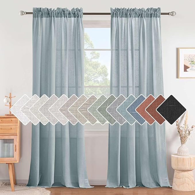 H.VERSAILTEX Linen Curtains Elegant Natural Linen Semi Sheer Curtains Energy Light Filtering Rod Pocket Window Treatments Panels for Living Room (Set of 2, Cloud Blue, 52 inch W X 84 inch L)