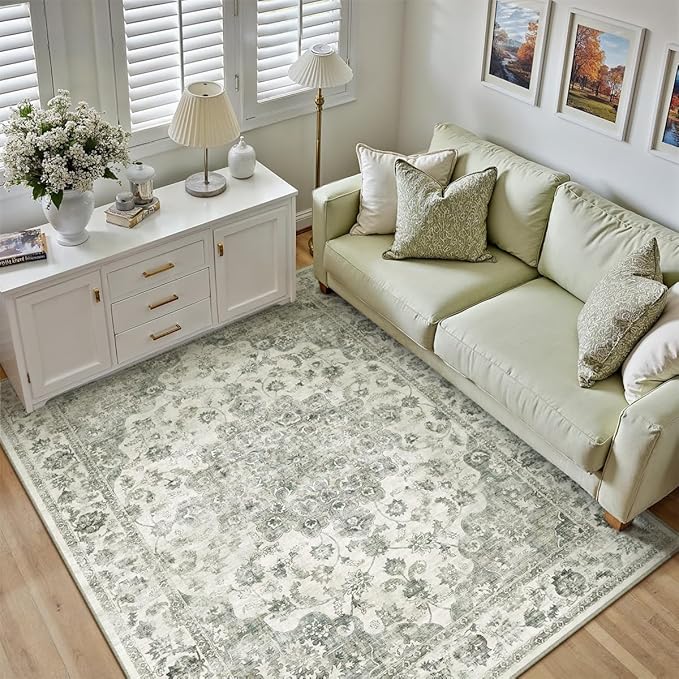 5x7 Washable Neutral Area Rug Green Vintage Living Room Bedroom Carpet Non-Slip Soft Low Pile Farmhouse Indoor Throw Rug for Dining Room Entryway Office