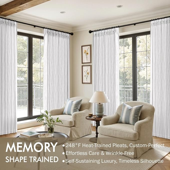 MIULEE Pinch Pleated Thick Linen Curtains 84 Inches Long 2 Panels, White Linen Texture Memory Trained Drapes for Living Room Bedroom, Pinch Pleat Light Filtering Farmhouse Window Curtains with Hooks