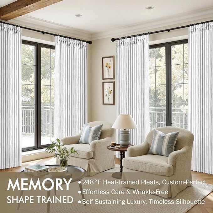 MIULEE Pinch Pleated White Thick Linen Curtains 108 Inches Long 2 Panels, Linen Texture Drapes for Living Room Bedroom Dining Room, Extra Long Light Filtering Farmhouse Foor to Ceiling Curtains