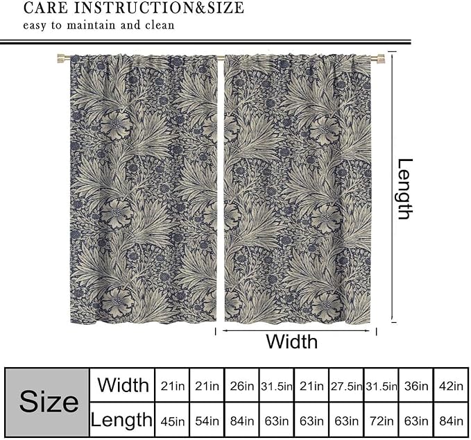 Boho Style William Morris Flower Retro Curtain, Rustic Farmhouse Abstract Flower Blackout Window Drapes, for Living Room Bedroom Kitchen 36(W)*63(L) 2 Panels
