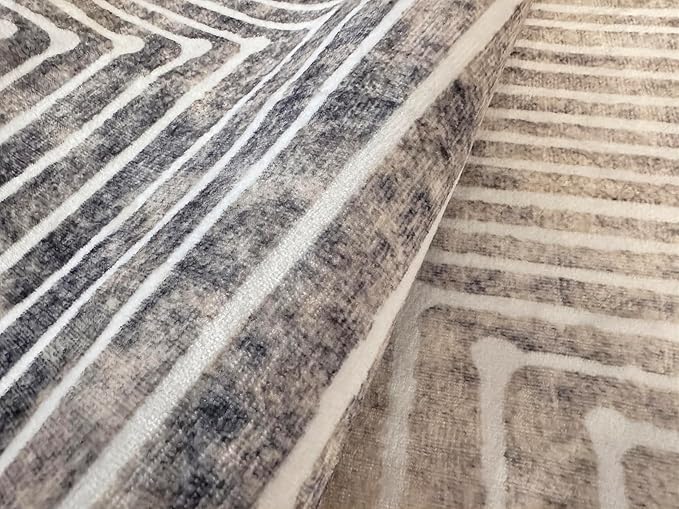 GLN Rugs Contemporary Collection - Machine Washable Area Rug, Contemporary Washable, Non Slip, Low Pile Chenille Rug, Living Room, Bedroom, Kitchen Rug (3' x 5' Lines Cream)