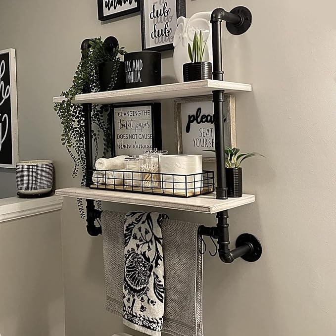 ROGMARS White Bathroom Floating Shelves for Wall Industrial Pipe Shelving | 24 Inch Wall Mounted Shelves with Towel Bar Hooks Coffee Bar Shelves Wine Hanging Display Rack Bookshelf Living Room Decor