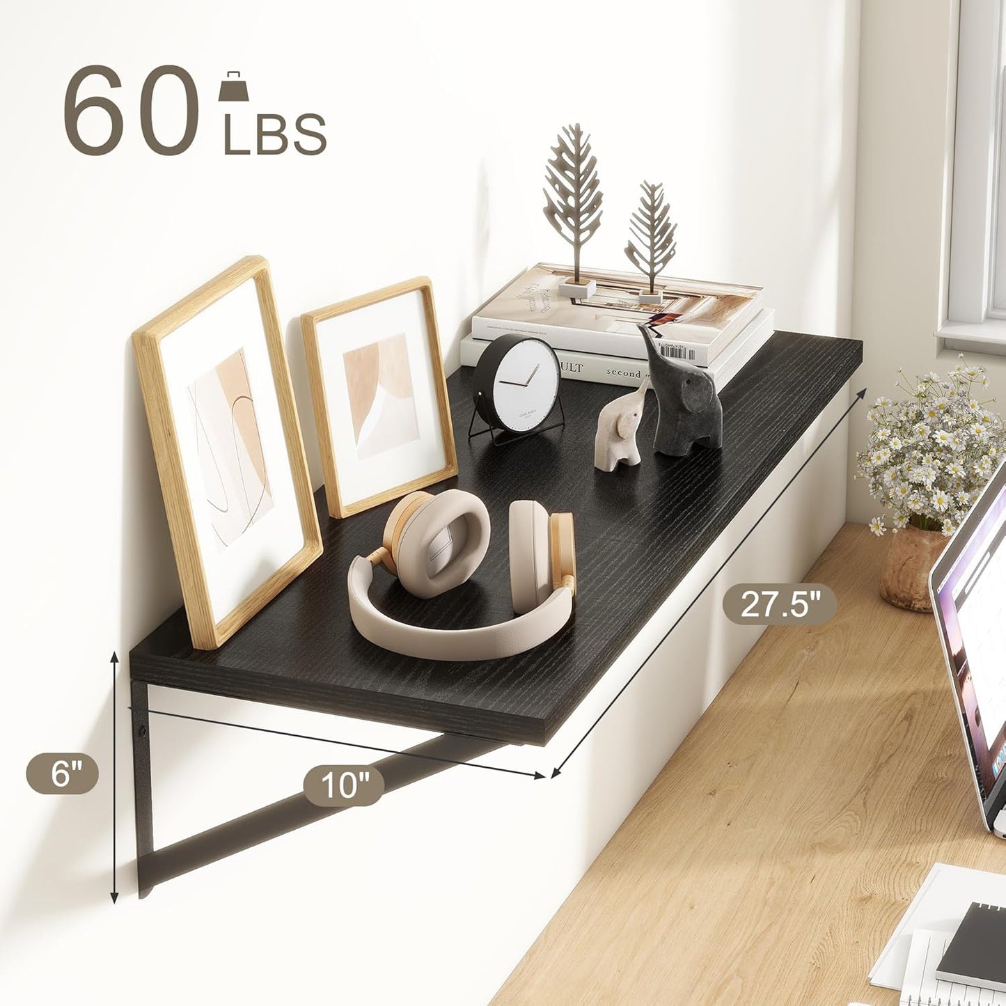 Fun Memories 27.5" W x10 D Floating Shelves, Black Wall Shelf with Brackets, 10 Inch Deep Floating Shelf Set of 2, Large Storage Kitchen Living Room Bathroom Shelves, Wood Wall Mounted Shelf