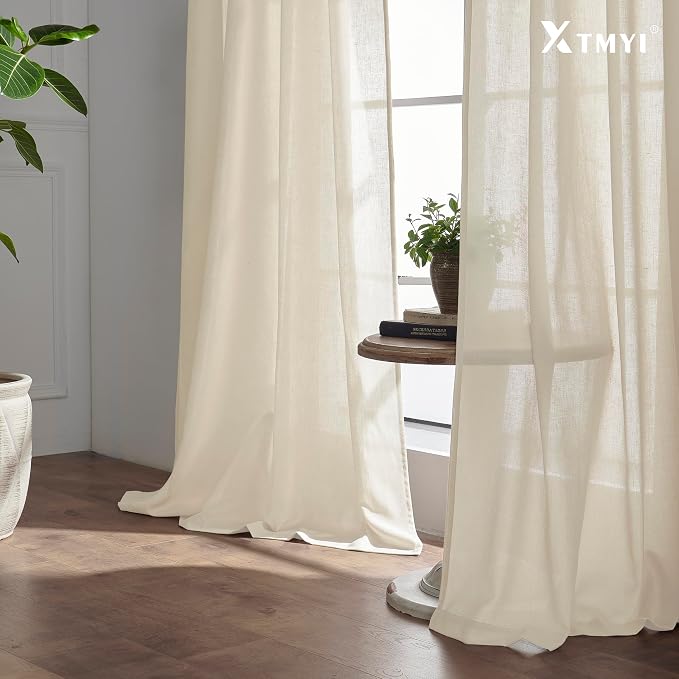 XTMYI Light Beige Curtains for Living Room,Linen Semi Sheer Light Filtering Farm House Curtain Set for Home Studio,9 FT 108 Inches Long