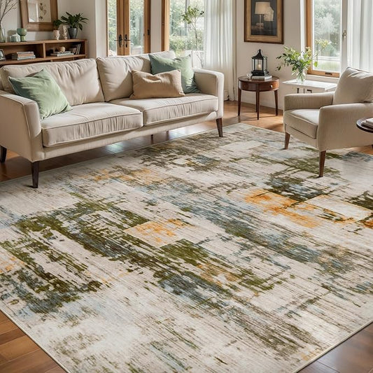 Ciicool Modern Abstract Rug for Living Room, 5'x7' Machine Washable Soft Area Rug Non-Slip Rug, Low-Pile Contemporary Indoor Dining Floor Carpet for Bedroom Office Under Table Home Decor Beige Green