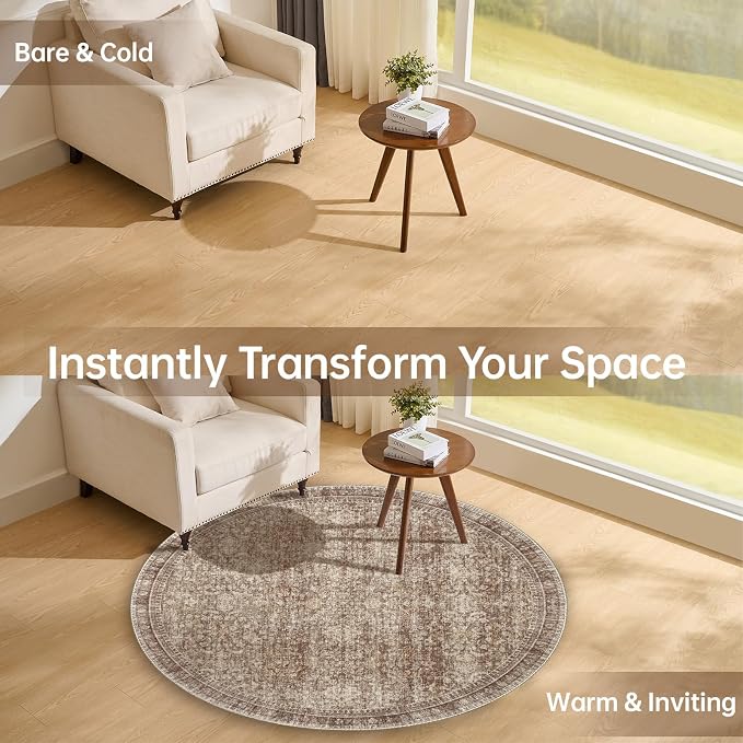 Sasttie Round Rug 4ft, Ultra-Soft Washable Circle Rug, Low Pile Foldable Thin Rugs with Non-Slip Backing, Skin-Friendly Stain Resistant Carpet for Living Room, Bedroom, Kitchen, Dorm, 4ft, Dark Brown