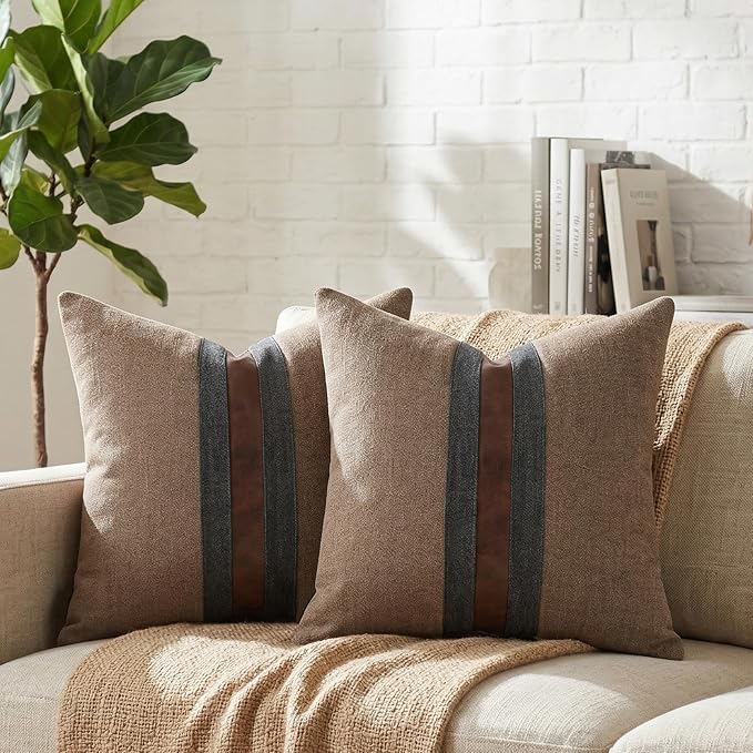 Set of 2 Leather Throw Pillow Covers Cotton Linen Decor Patchwork Pillow Cover Faux Leather Pillows Cover for Couch Sofa Living Room Bedroom,Coffee 22"x22"