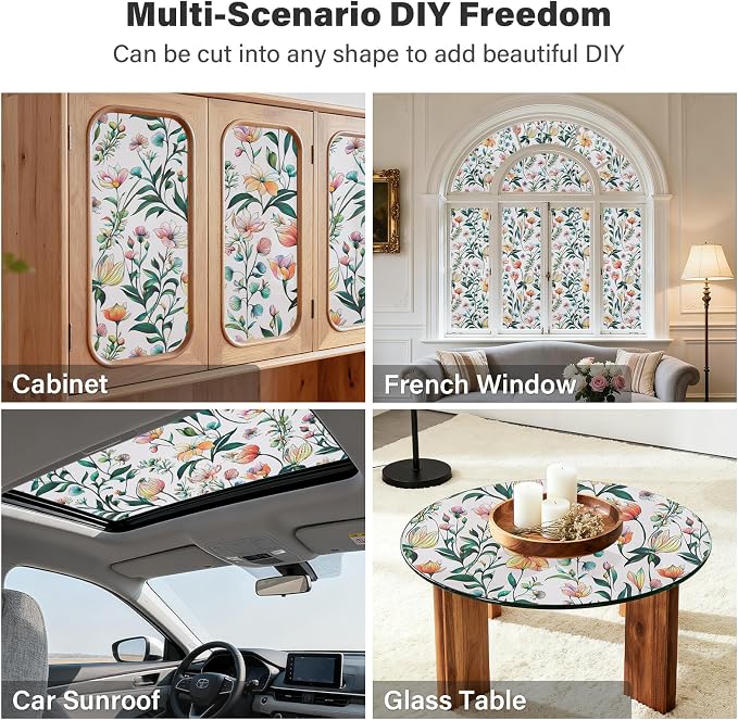 Donox Window Privacy Film, Frosted Stained Glass Window Films, Static Cling Non-Adhesive Decorative Windows Sticker for Front Door Bathroom, Heat Control Anti UV(35.4 x 157.4 inches)