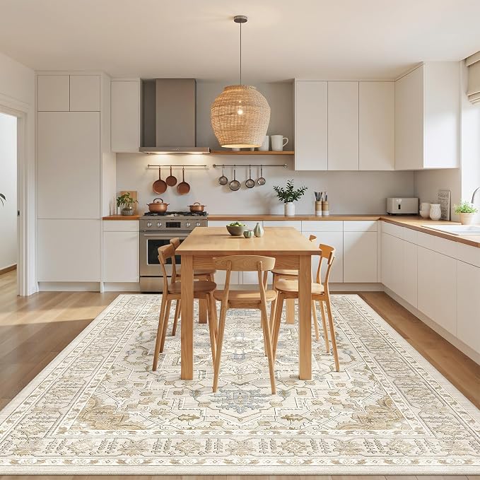befbee 5x7 Area Rug for Living Rooms, Stain Resistant Neutral Washable Rugs for Dining Rooms, Floral Vintage Non-Slip Thin Large Size Area Rugs(Beige)