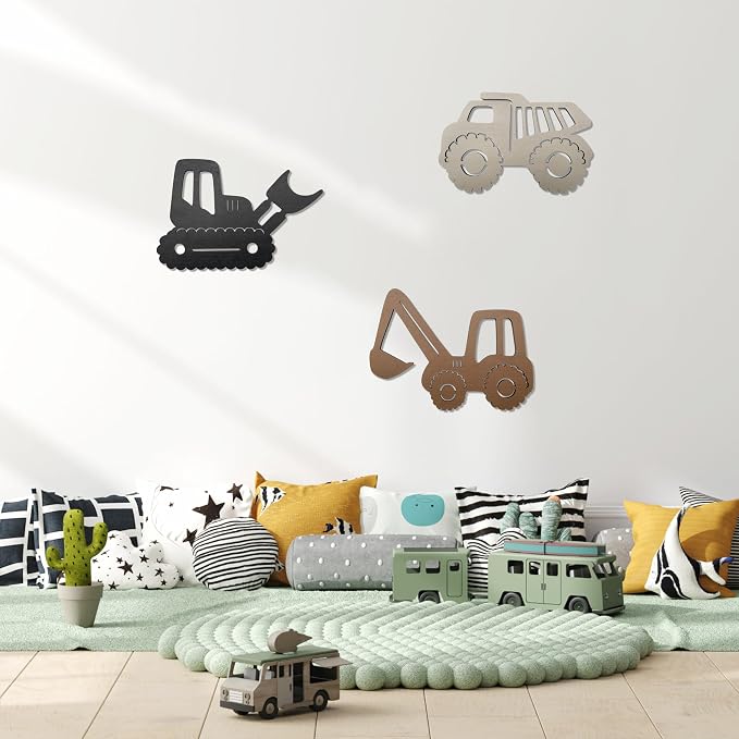 Ajqiomh Construction Trio Nursery Wall Decor Wooden Construction Vehicles Decor Kids Room Wall Decor Kids Room Decor Nursery Playroom Wall Decor for Boys
