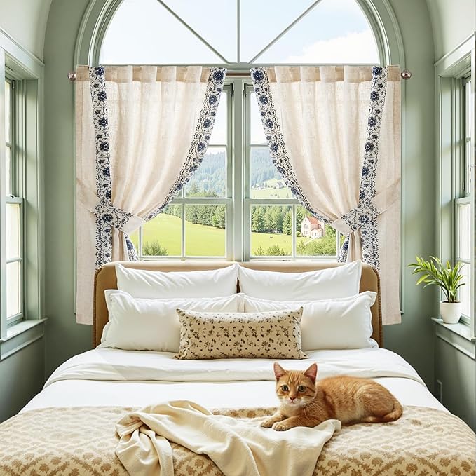 jinchan Blue Floral Embroidered Linen Kitchen Curtains 54×45 Inch 2 Panels | Light filtering, back tab, rod pocket, cafe curtains for kitchen bedroom living room, cottage farmhouse, small window