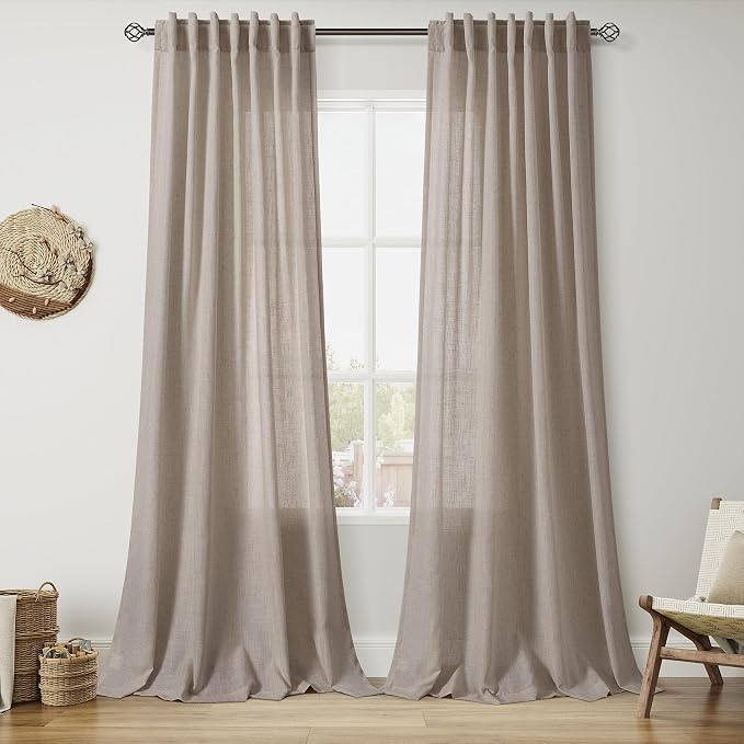Ecru Linen Curtains for Living Room 126 Inches Long Light Filtering Semi Sheer Curtain Back Tab Rustic Farmhouse Decor Burlap Elegant Drapes Floor to Ceiling High Window for Bedroom 52x126, 2 Panels