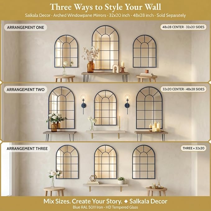 Blue Arched Windowpane Mirror 32x20 Inch, Decorative Mirrors for Wall Entryway Living Room, Farmhouse Arch Window Pane Mirror, Large Wall Mirror for Home Decor