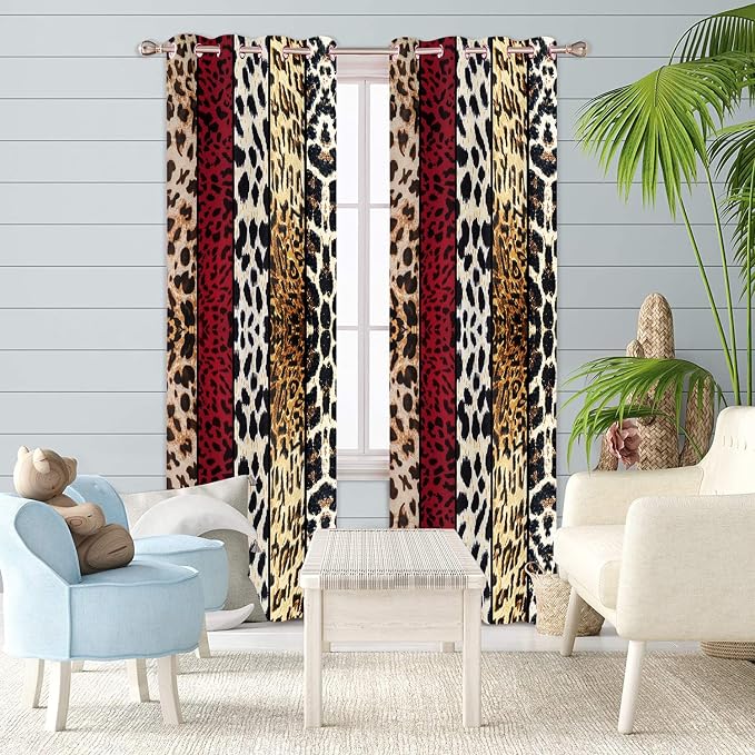 Wild Animal Print Curtain, Room Darkening Thermal Insulated Blackout Leopard Boa Window Drapes with Grommets for Living, Dining, Bedroom, Red Leopard Print, 42"x 84", 2 Panels