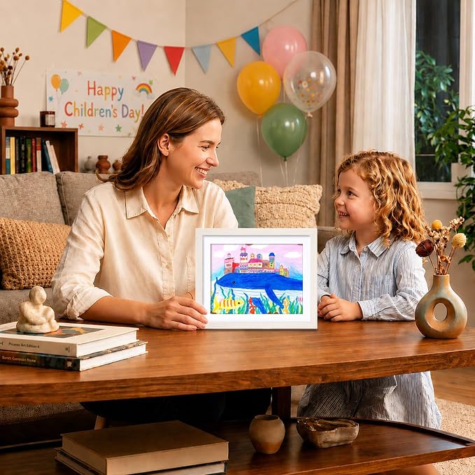 KINLINK 10x12.5 Kids Art Frame 2 Pack, Solid Wood Artwork Frames Changeable, Front Opening Hold 150 Pictures, Art Frames for Kids Artwork, 8.5x11 with Mat 10x12.5 without Mat, Picture Frames White Wood