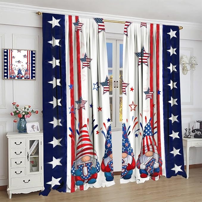 American Flag Curtains,4th of July Independence Day Stars Stripes Cute Gnome Print Drape for Bedroom Living Room Window Treatment 2 Panels Set Total Size 84" W X 84" L Inch