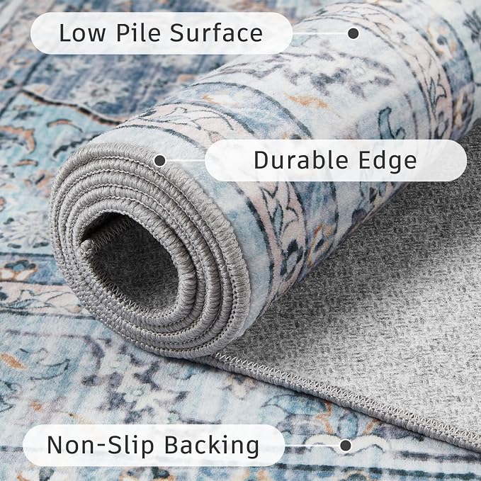 DCX Machine Washable Blue and Beige 2x6 Runner Rug, Non Slip Stain Resistant Vintage Floral Long 6ft Floor Runner for Hallways Kitchen Bathroom and Entryway, Soft Low Pile Carpets