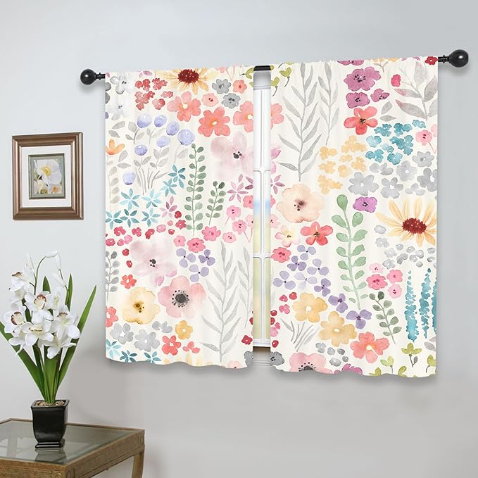 Riyidecor Colorful Floral Kitchen Curtains Short Small Pink Cute Boho Wildflower Trendy Watercolor Plant Leaves Botanical Rod Pocket Girls Bedroom Living Room Treatment Fabric 2 Panels 27.5Wx39H Inch