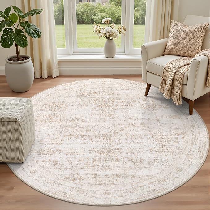 Round Area Rug for Living Room: 6ft Washable Vintage Boho Soft Thin Circle Rug Indoor Floor No Slip Stain Resistant Carpet for Bedroom Dining Room Farmhouse Nursery Home Office -Beige Brown