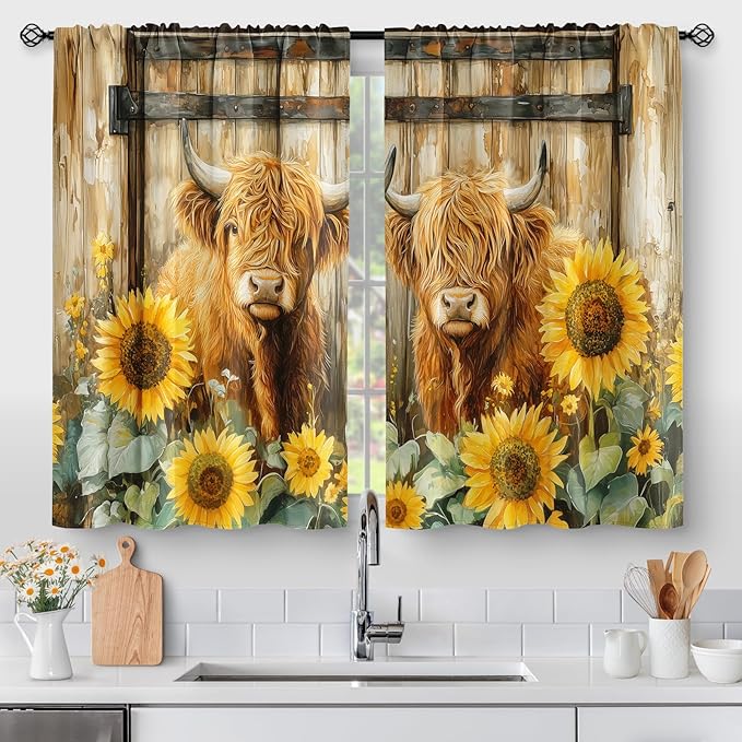 Aimego Highland Cow Barn Door Kitchen Curtains - Rustic Farmhouse Country Short Cafe Curtains Decor for Tier Curtains Over Sink Sunflower Rod Pocket Window Drapes 24 Inch Length 2 Panels Set, 28"x24"