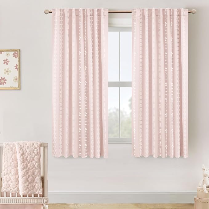 Lino Rosa Light Pink Striped Curtains for Girls Room, Cute Floral Nursery Curtains Baby Girl, 63 Inch Length