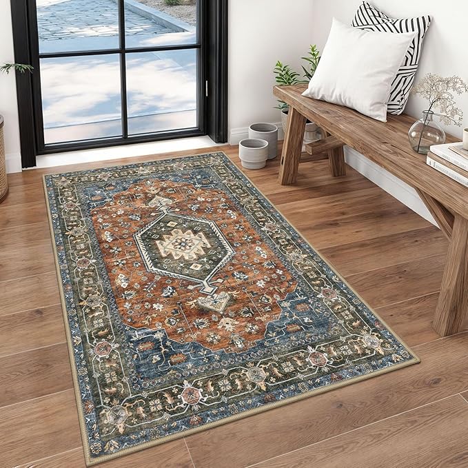 KUTA 3x5 Entryway Rug Non-Slip Washable Area Rugs, Vintage Kitchen Rugs Brick Red, Ultra Soft Printed Medallion Tribal Entry Low-Pile Carpet for Entrance Bedroom Nursery Dorm Décor
