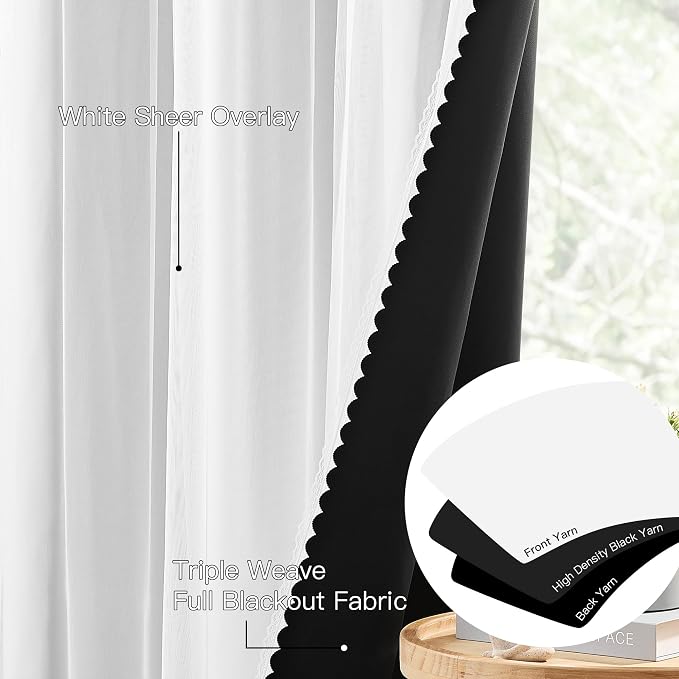 XiDi White Blackout Curtains 96 Inches Long for Bedroom 2 Panels Mix & Match Double Layer Curtains with Sheer Overlay Thermal Insulated Window Treatment White Drapes for Living Room Grommet Top 52x96