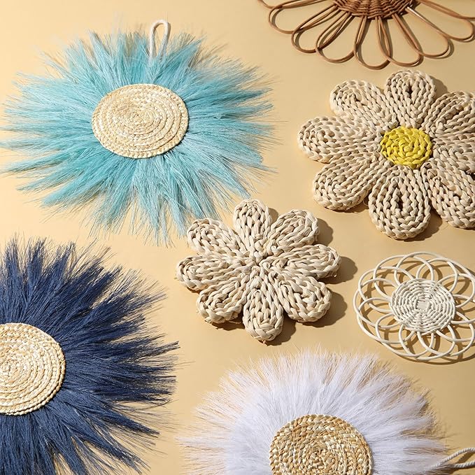 Chunful 7 Pcs Boho Wall Basket Decor Rattan Flower Wall Decor Nursery Daisy Flower Woven Macrame Hanging Flowers for Baby Kids Girls Farmhouse Bedrooms Living Rooms Kitchen Home(Blue)