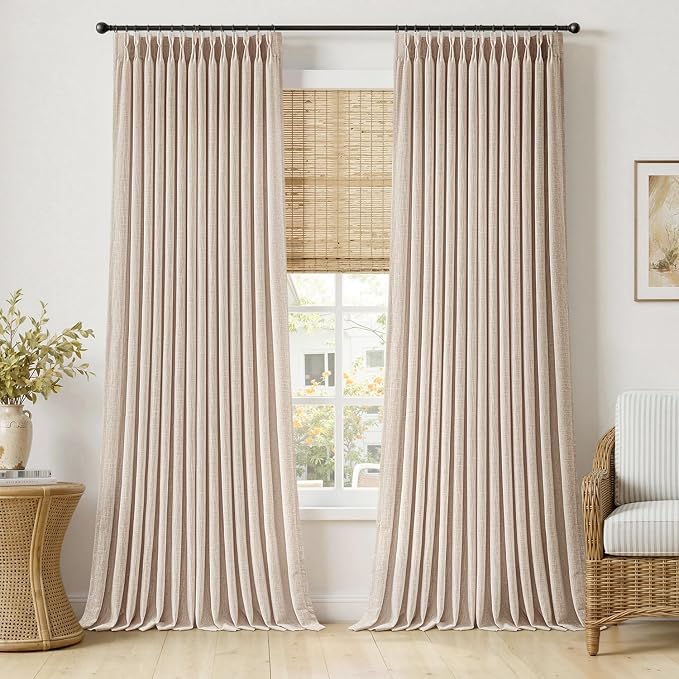 MIULEE Pinch Pleated Thick Linen Curtains 102 Inches Long 2 Panels for Living Room Bedroom, Linen Textured Drapes Pleat Back Tab Memory Trained Light Filtering Sand Beige Window Curtains with Hooks